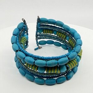 Boho Multi-Strand Wrap Bracelet Blue Wood Beads Yellow Thread Festival Stack